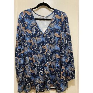 Top Womens Size 1X V-Neck Babydoll‎ Peasant Blue Yellow Paisley Boho Lin Jou NWT